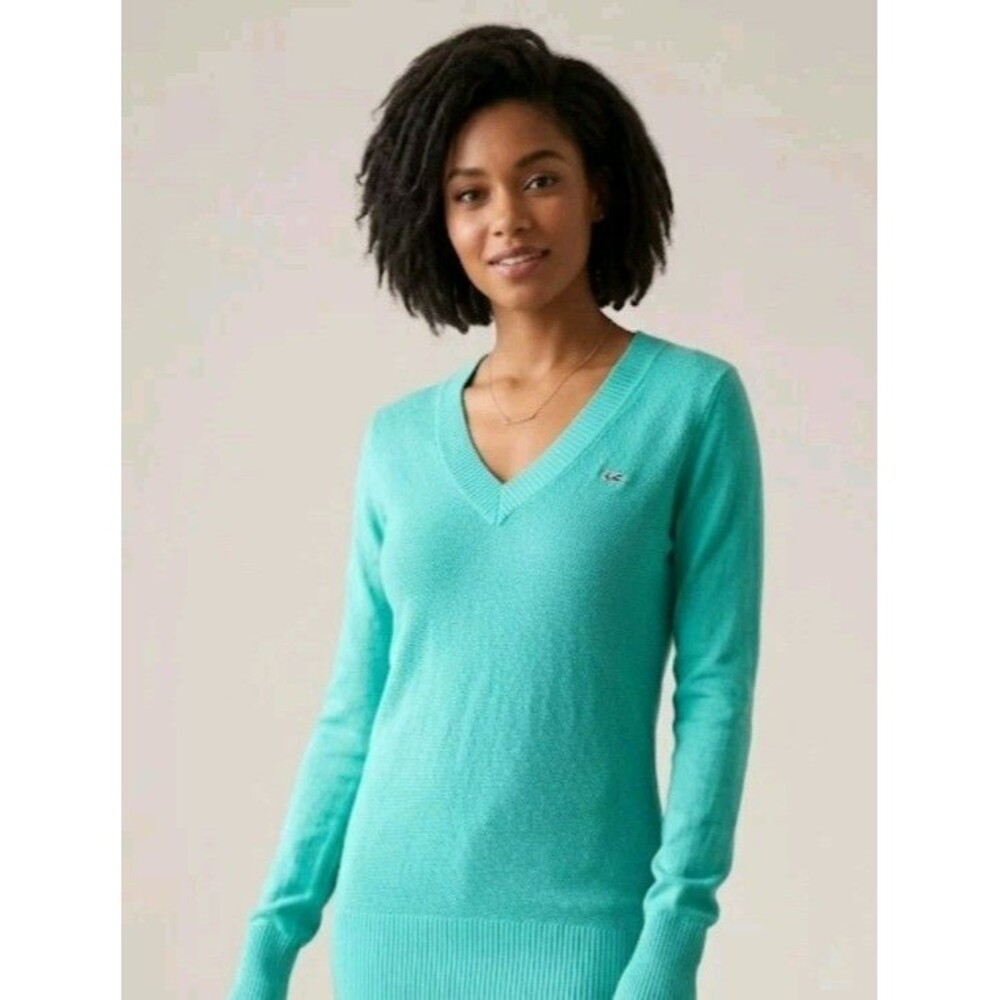Lacoste Women's V Neck Size 36 U.S. Small Sweater Pullover Green 100% Cotton